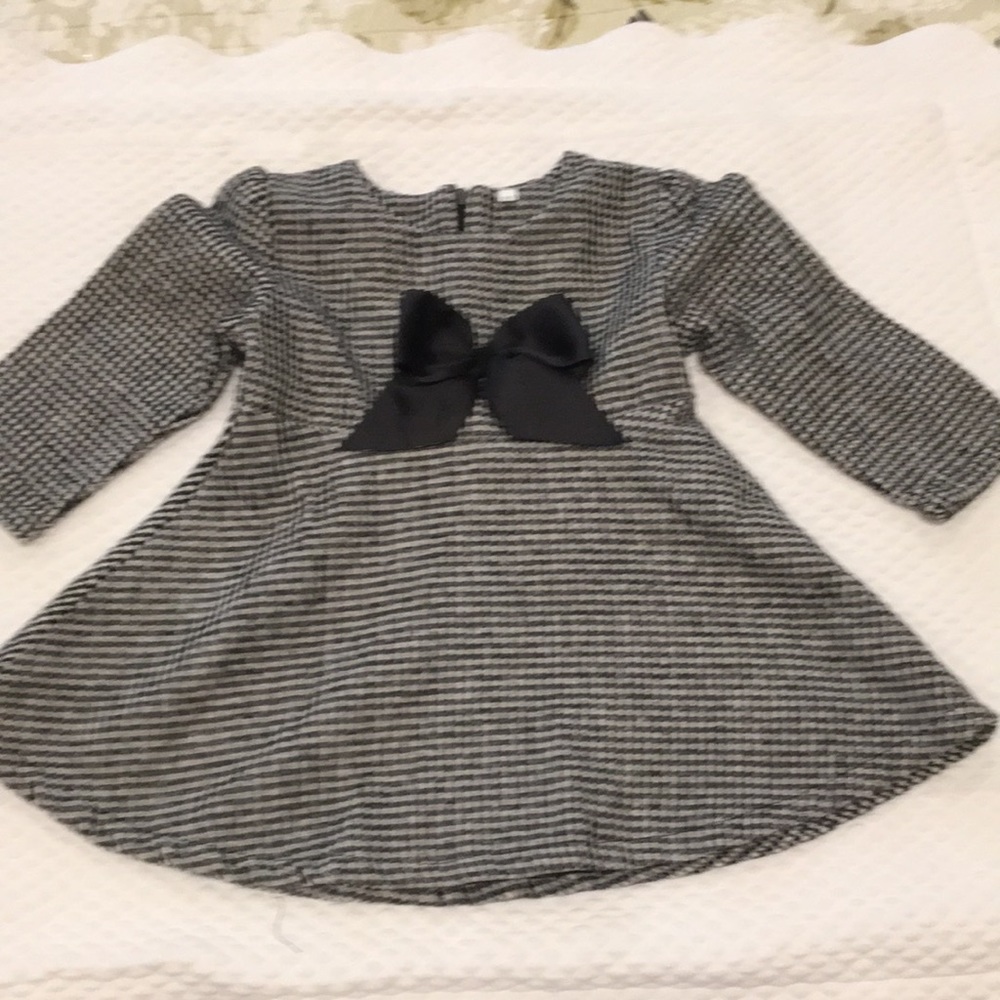 Shein Girls Gingham black white Print Bow zip back long sleeve Dress size 9-12M